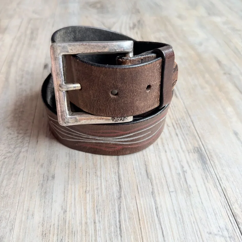 Vintage Harley-Davidson Brown Leather Pinstripe Belt Sz 36 Biker Motorcycle Y2K